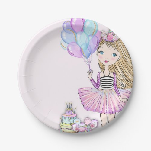 Glittery Pink Birthday Blonde Girl Unicorn  Paper Plates