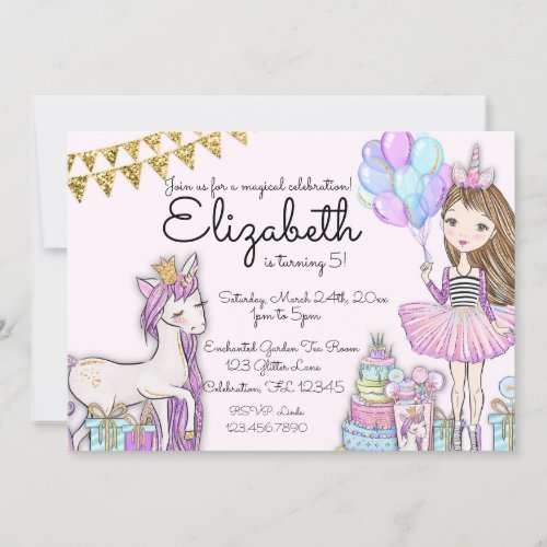 Glittery Pink Birthday Girl Unicorn Invitation
