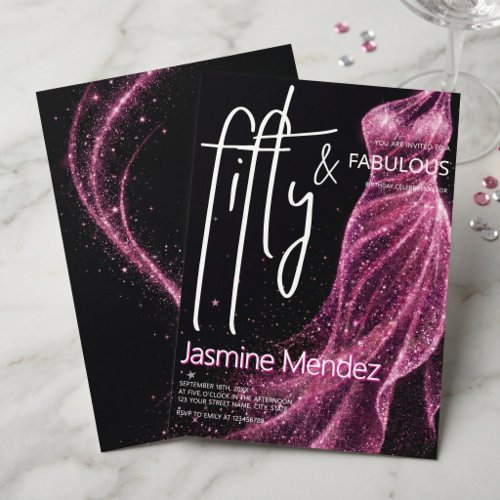 Glittery Pink Black Chic 50 & Fabulous Birthday Invitation