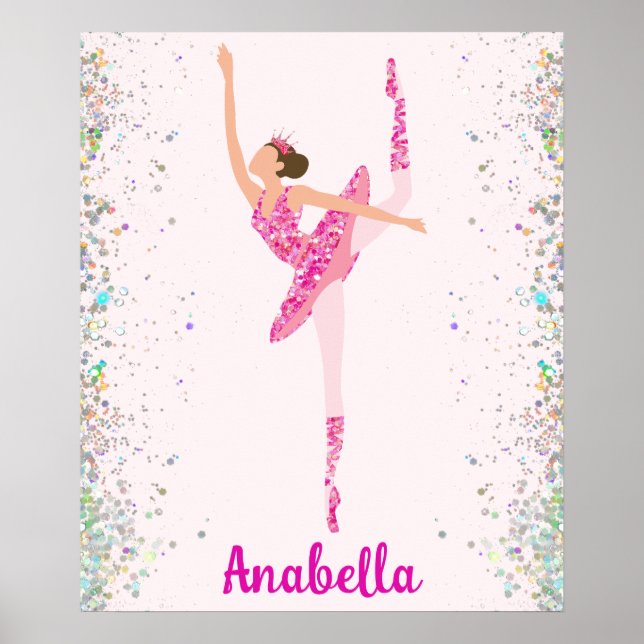 Glittery Pink Brunette Ballerina Dance Art Poster (Front)