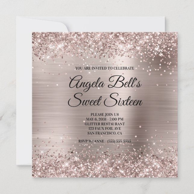 Glittery Pink Champagne Faux Foil Sweet Sixteen Invitation (Front)