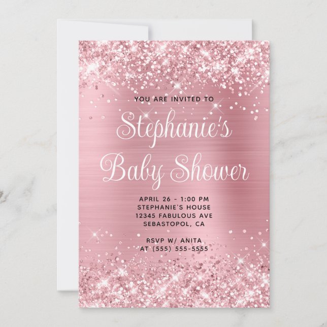 Glittery Pink Foil Online Registry Baby Shower Invitation (Front)
