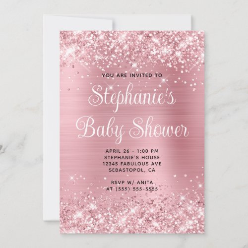 Glittery Pink Foil Online Registry Baby Shower Invitation