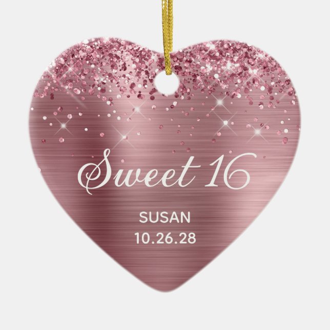 Glittery Pink Foil Sweet 16 Photo Ceramic Ornament (Front)