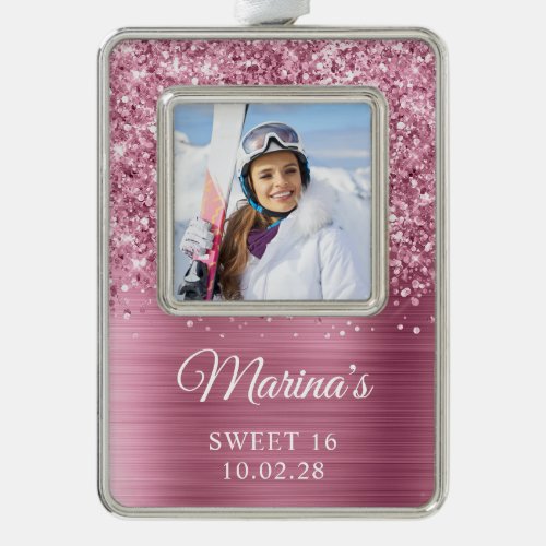 Glittery Pink Foil Sweet 16 Photo Christmas Ornament