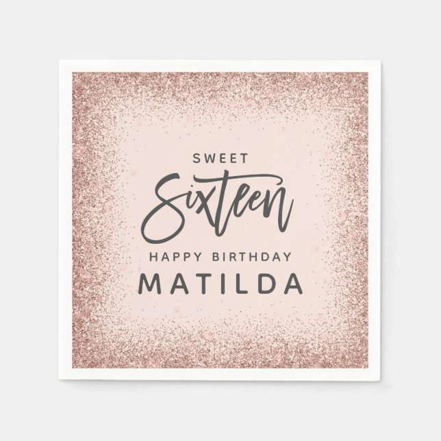 Glittery pink girly script typography modern 16th napkins (Front)