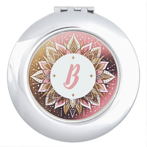 Glittery Pink  Gold Celestial Monogram Compact Mirror