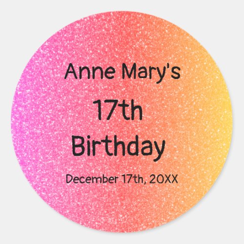 Glittery Pink Orange 17th Birthday Custom Age 2024 Classic Round Sticker