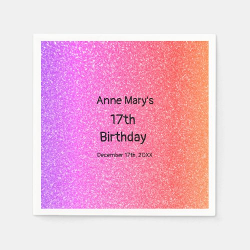 Glittery Pink Orange 17th Birthday Custom Age 2024 Napkins