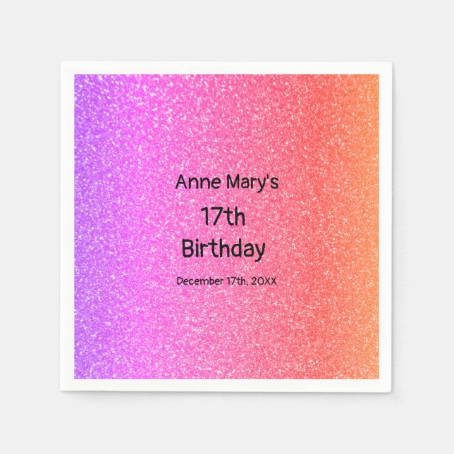 Glittery Pink Orange 17th Birthday Custom Age 2024 Napkins (Front)