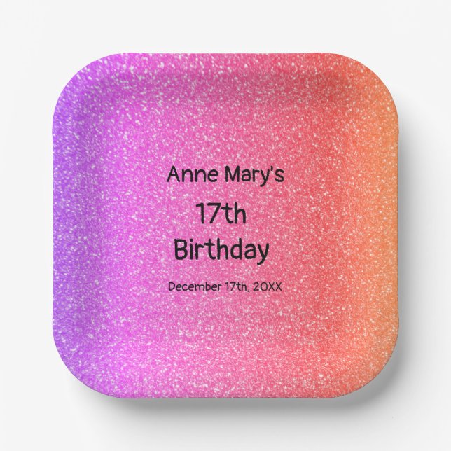 Glittery Pink Orange 17th Birthday Custom Age 2024 Paper Plates (Front)