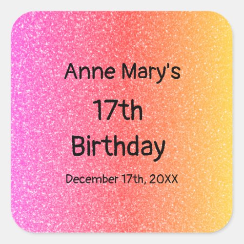 Glittery Pink Orange 17th Birthday Custom Age 2024 Square Sticker
