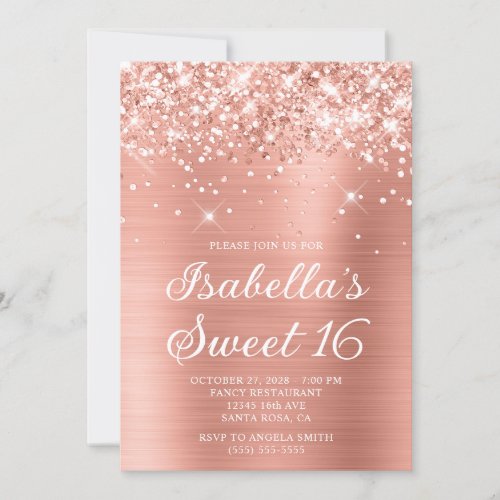 Glittery Pink Peach Foil Sweet 16 Photo Invitation