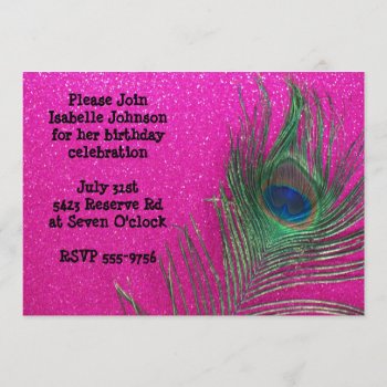 Glittery Pink Peacock Birthday Invitation by Peacocks at Zazzle