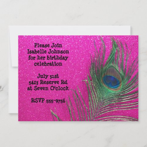 Glittery Pink Peacock Birthday Invitation