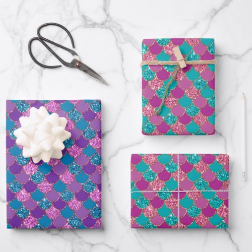Glittery pink purple and blue mermaid scales wrapping paper sheets