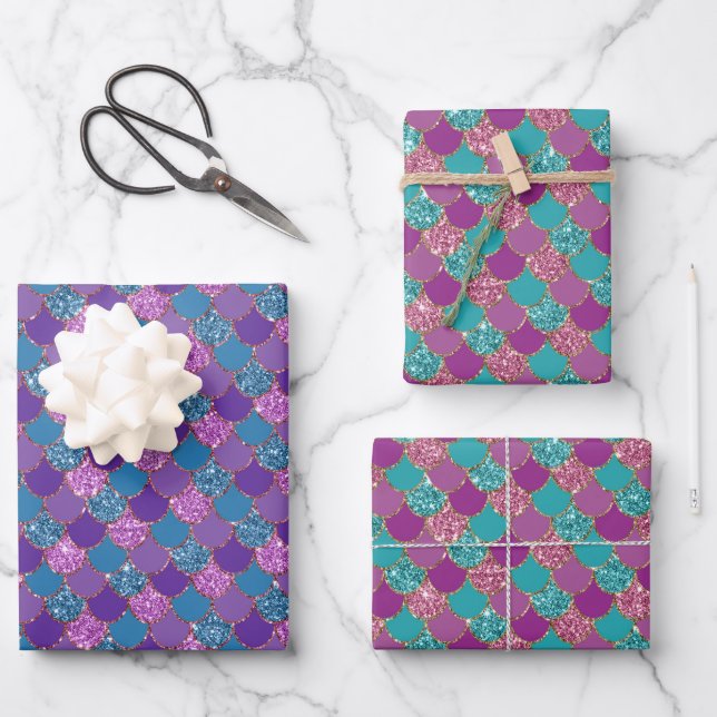 Glittery pink purple and blue mermaid scales wrapping paper sheets (Front)