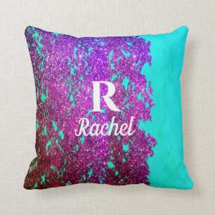 Glittery Pink Purple Sparkle Teal Monogram Custom Throw Pillow
