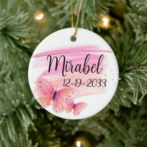 Glittery Pink Rose Butterfly Personalized Ceramic Ornament