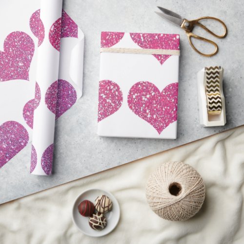 Glittery Pink Rose Gold Heart Patterns White Cool Wrapping Paper