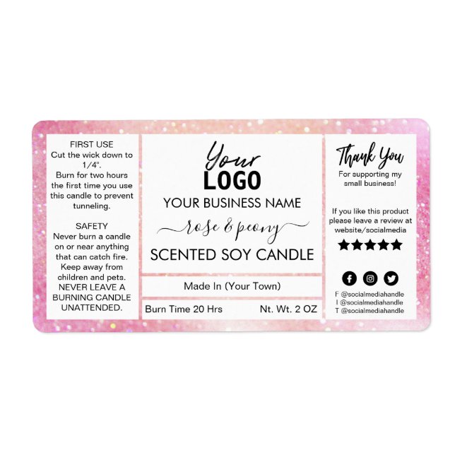 Glittery Pink Scented Soy Candle Label (Front)