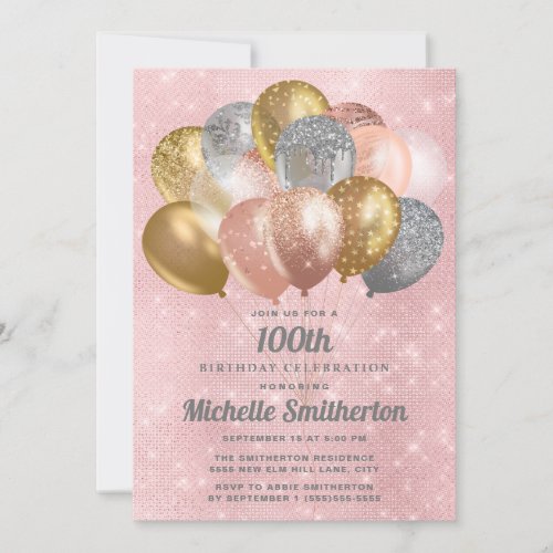 Glittery Pink Silver Gold Balloons 100th Birthday Invitation