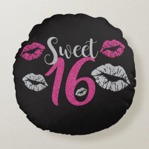 Glittery Pink Silver Sweet 16 Kisses Round Pillow
