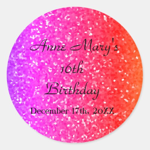 Glittery Pink Sparkle Custom Name 16th Birthday Classic Round Sticker