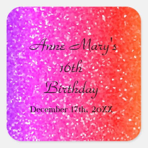 Glittery Pink Sparkle Custom Name 16th Birthday Square Sticker