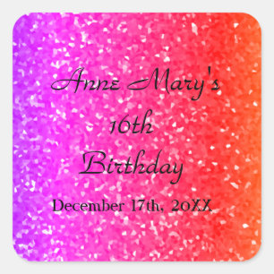 Glittery Pink Sparkle Custom Name 16th Birthday Square Sticker