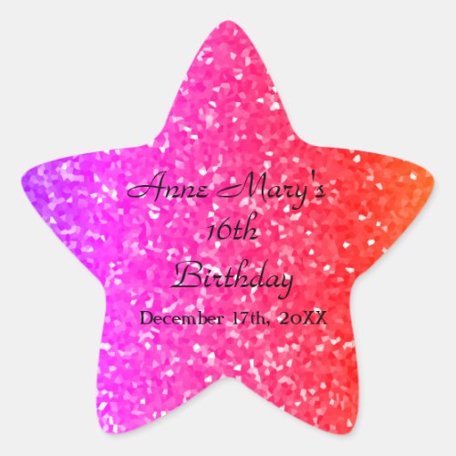Glittery Pink Sparkle Custom Name 16th Birthday Star Sticker
