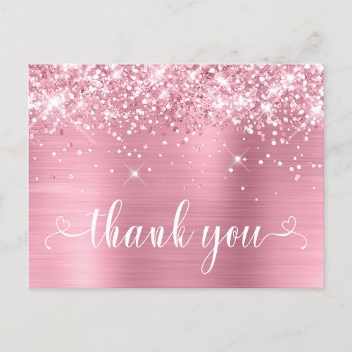 Glittery Pink Sweet 16 Hearts Thank You Postcard