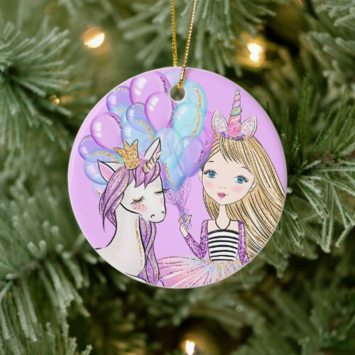 Glittery Pink Unicorn Girls Birthday Ceramic Ornam Ornament