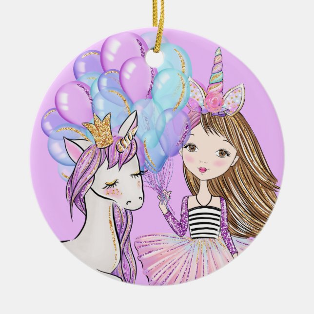 Glittery Pink Unicorn Girls Birthday Ceramic Ornament (Front)