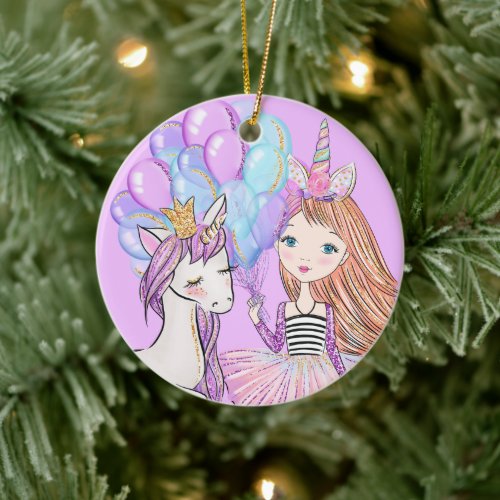 Glittery Pink Unicorn Girls Birthday Ceramic Ornament