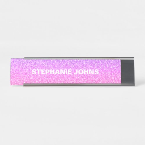Glittery Pink White Silver Monogram Name Custom Desk Name Plate