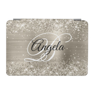 Glittery Platinum Brushed Foil Monogram iPad Mini Cover