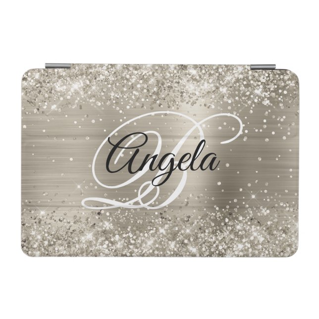 Glittery Platinum Brushed Foil Monogram iPad Mini Cover (Horizontal)