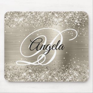 Glittery Platinum Brushed Foil Monogram Mouse Pad