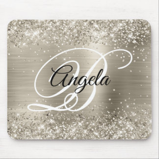 Glittery Platinum Brushed Foil Monogram Mouse Pad