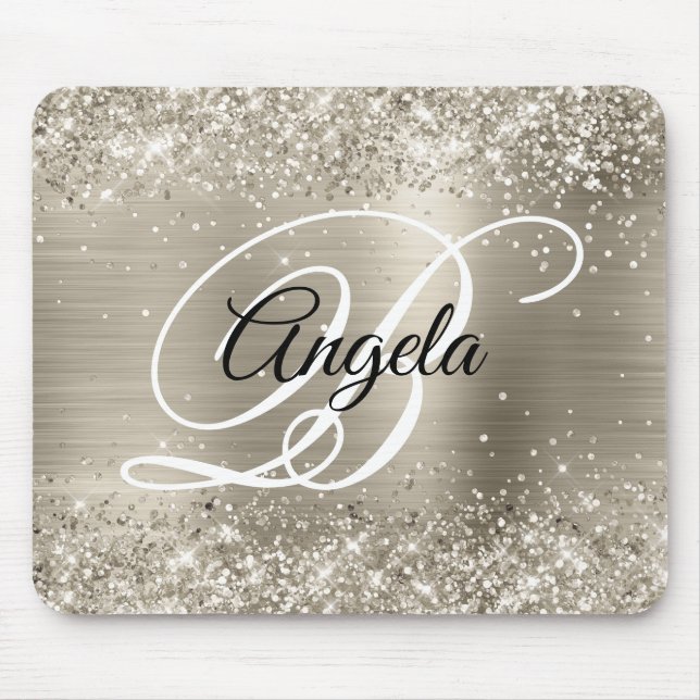 Glittery Platinum Brushed Foil Monogram Mouse Pad (Front)
