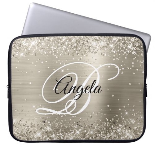 Glittery Platinum Brushed Foil Monogrammed Laptop Sleeve