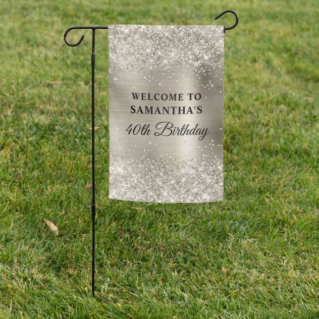 Glittery Platinum Foil 40th Birthday Garden Flag (In SItu)