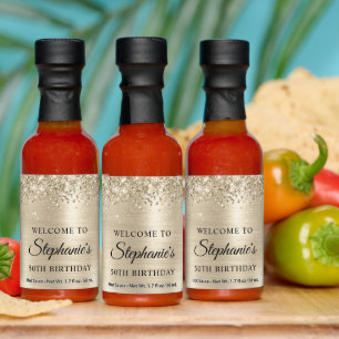 Glittery Platinum Foil 50th Birthday Welcome Hot Sauces