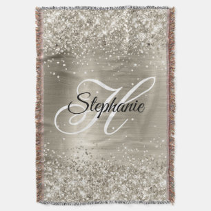 Glittery Platinum Foil Fancy Monogram Throw Blanket
