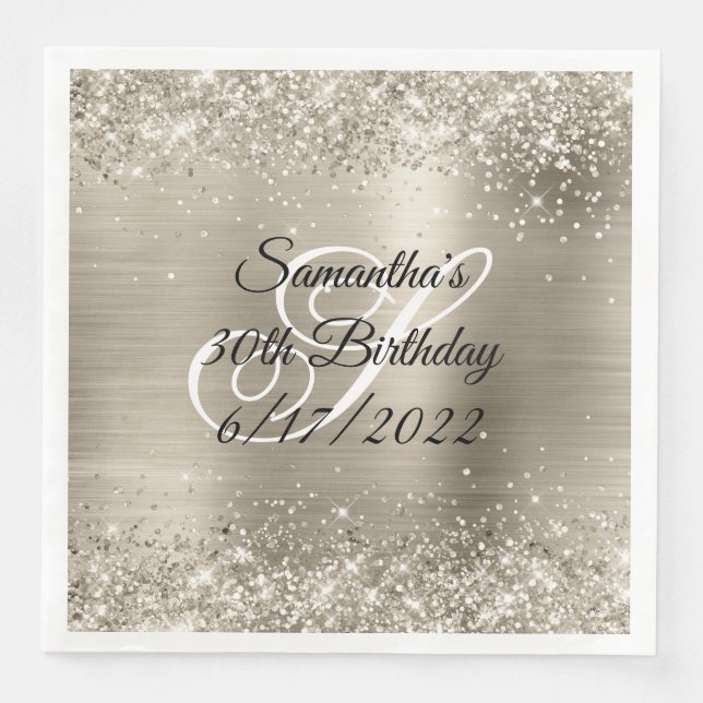 Glittery Platinum Foil Monogrammed 30th Birthday Paper Dinner Napkins (Front)