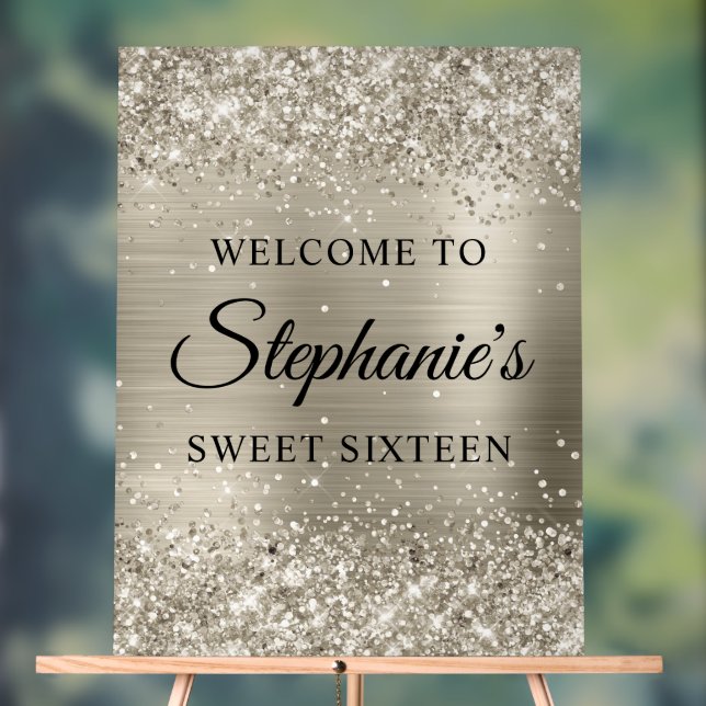 Glittery Platinum Foil Sweet Sixteen Welcome Acrylic Sign (Neutral)