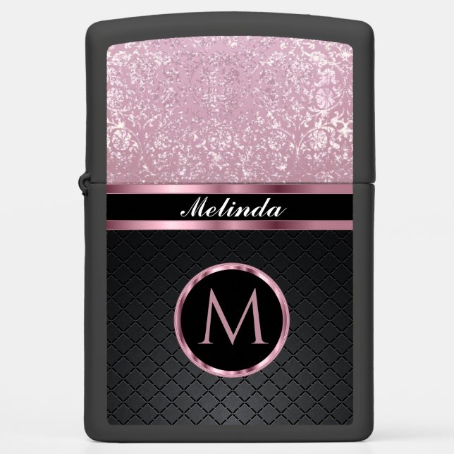  Glittery Pretty Pink and Black - Personalized Zippo Lighter (Front)