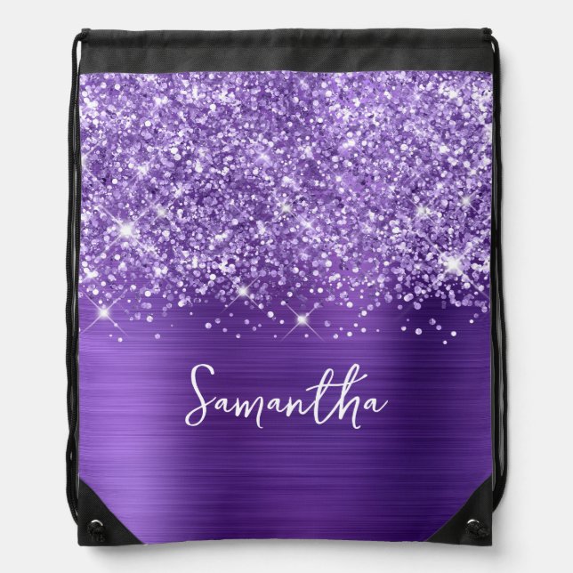 Glittery Purple Amethyst Glam Name Drawstring Bag (Front)