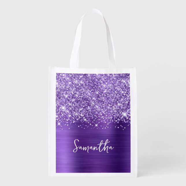 Glittery Purple Amethyst Glam Name Grocery Bag (Front)